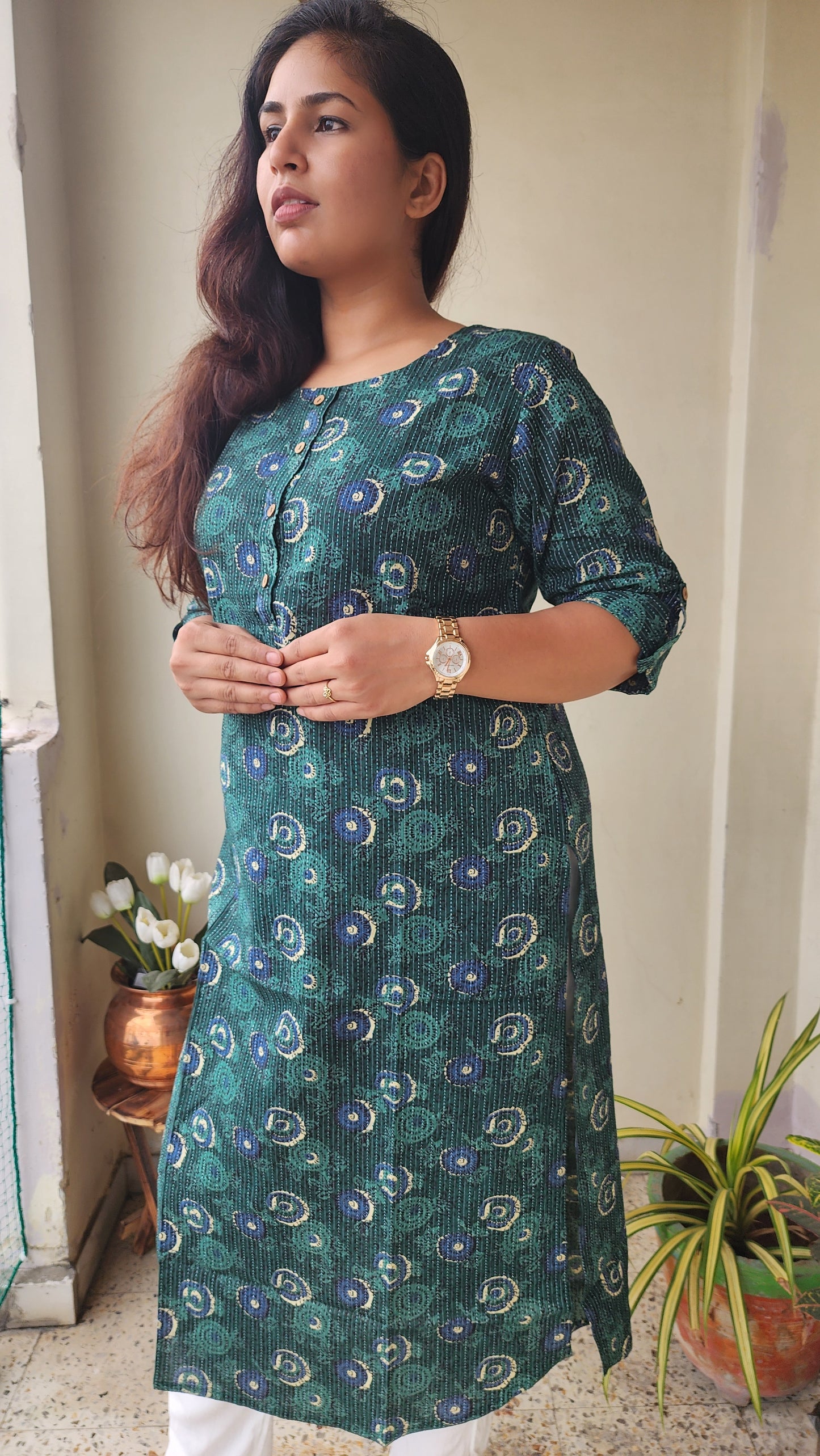 Handcrafted Green Printed Katha Cotton Kurta