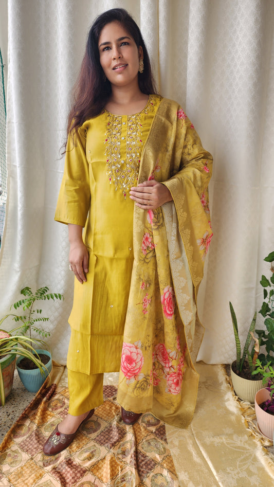 Olive Mustard Muslin Silk Zardozi Hand work Suit Set | Banarasi silk Floral Print Dupatta