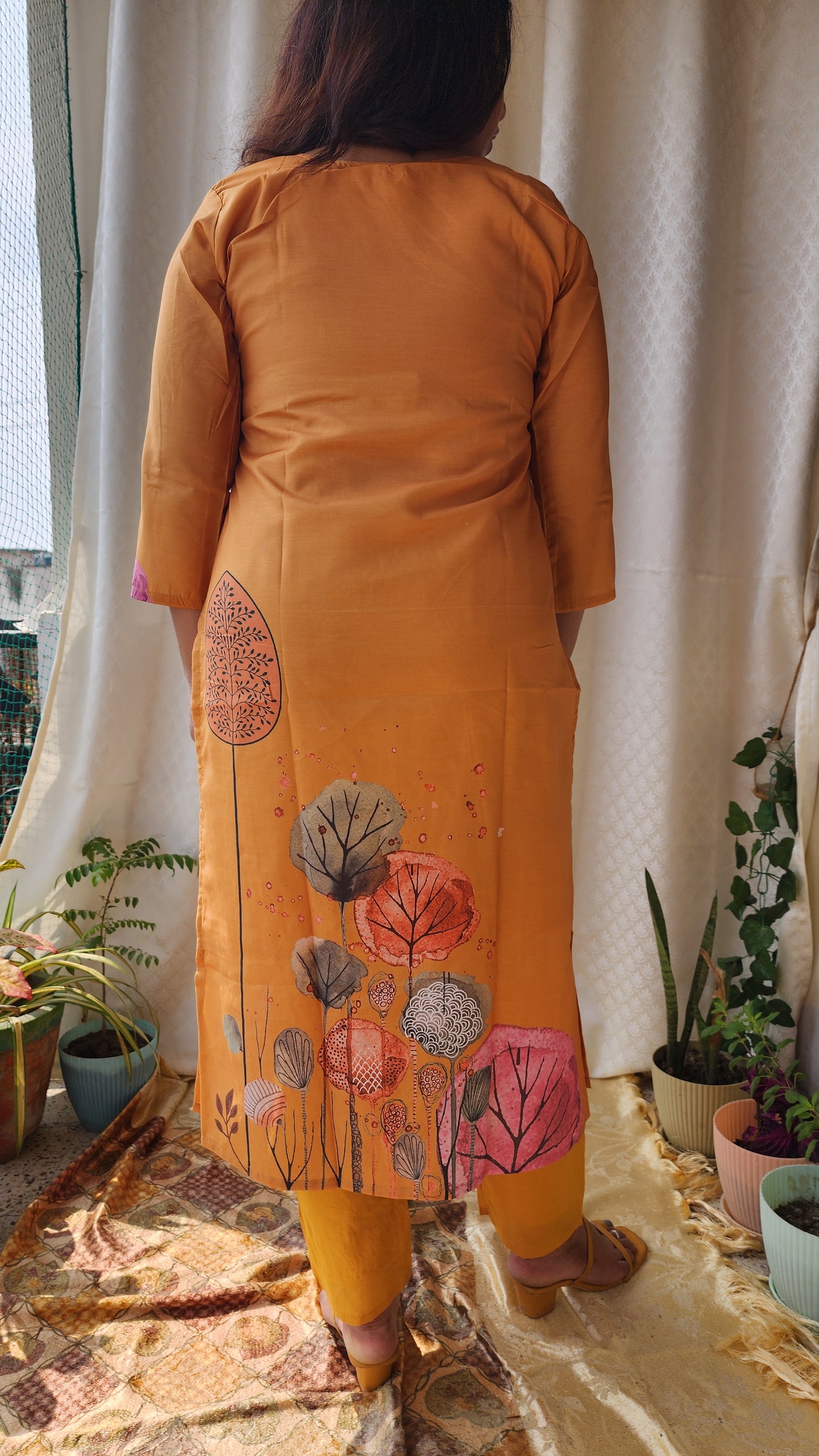 Mustard Silk Suit with Digital Print & Zari & Motif Embellishments