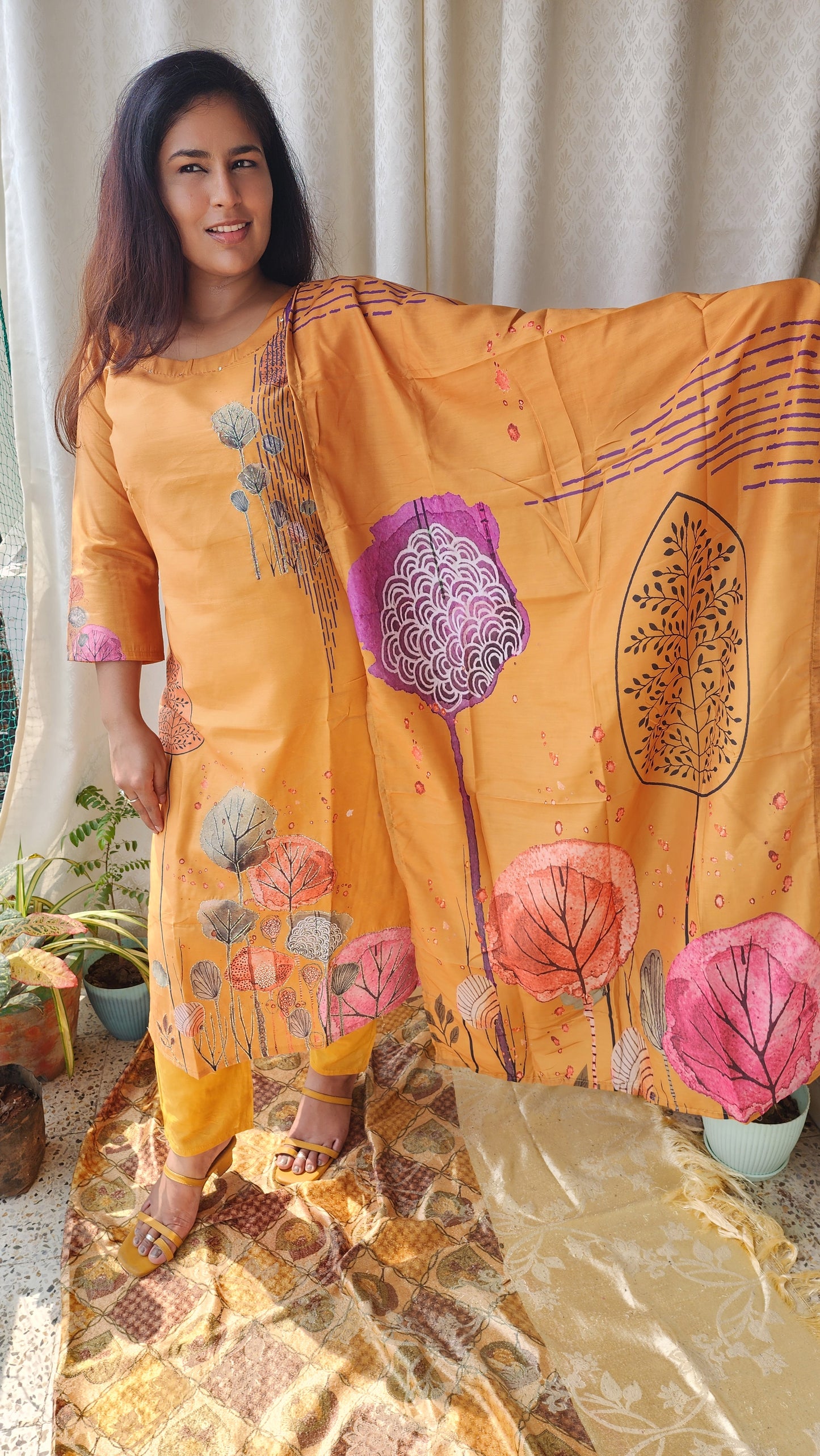 Mustard Silk Suit with Digital Print & Zari & Motif Embellishments