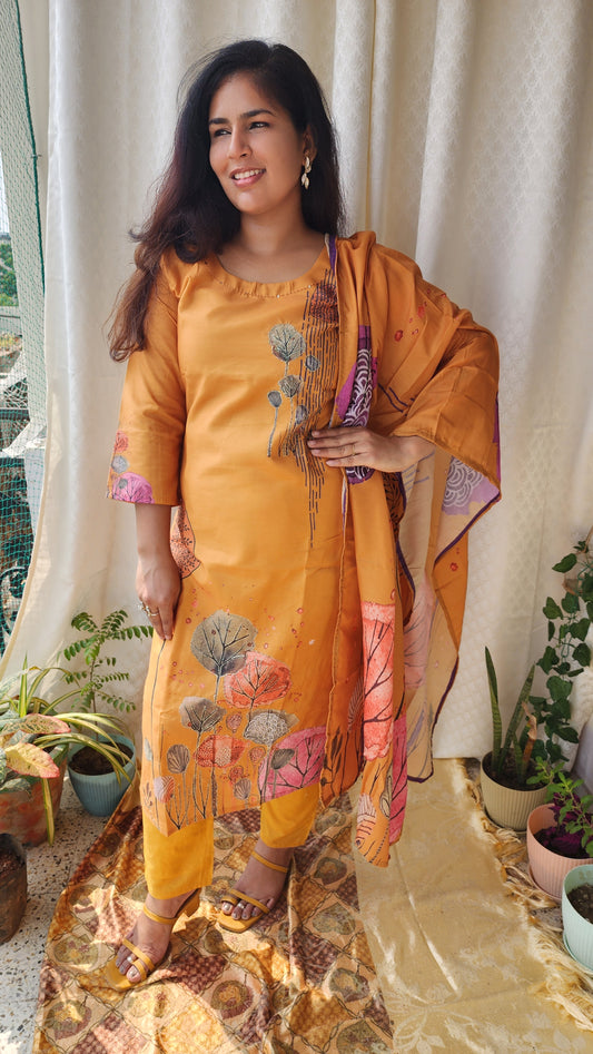 Mustard Silk Suit with Digital Print & Zari & Motif Embellishments