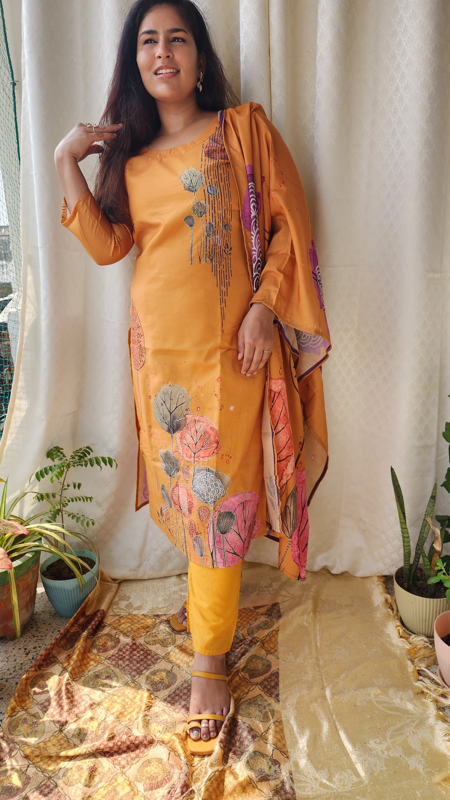 Mustard Silk Suit with Digital Print & Zari & Motif Embellishments