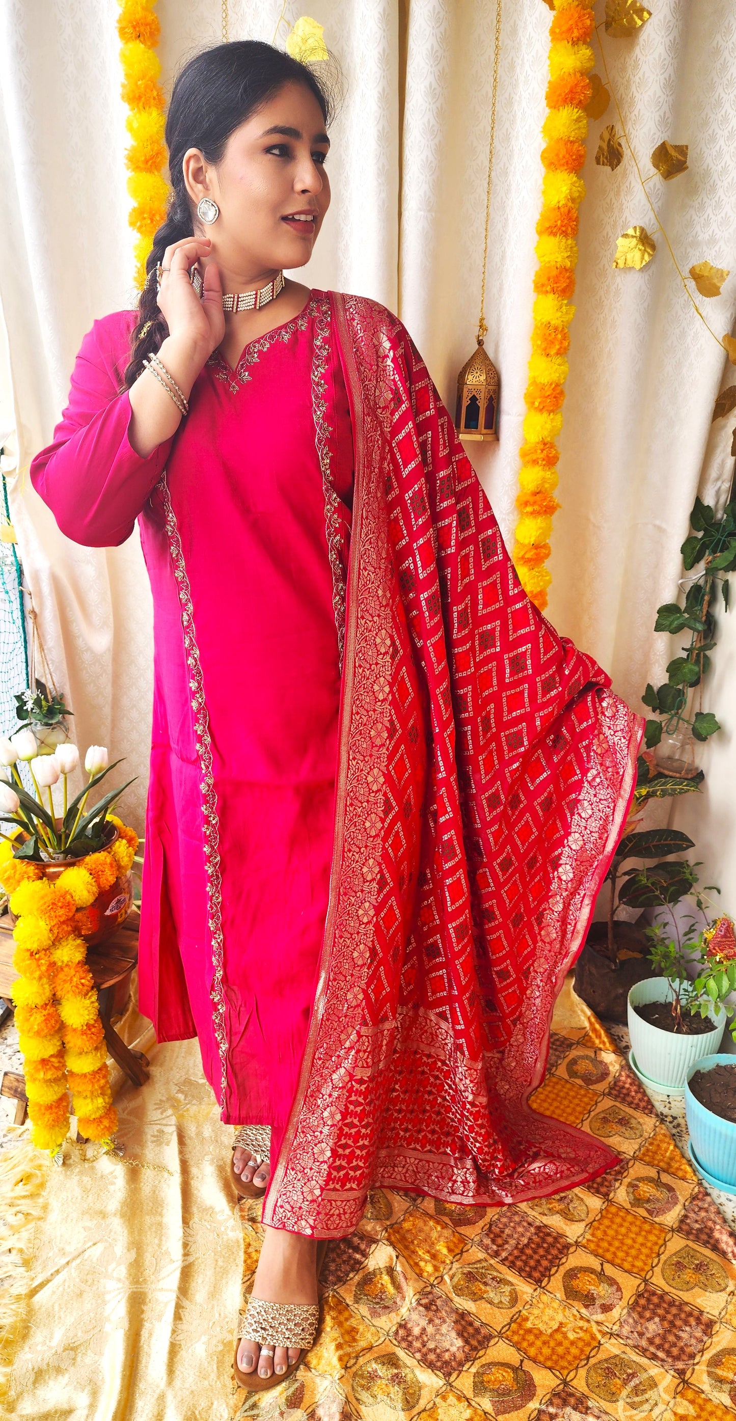 Royal Rani Silk Suit with Intricate Zari Hand Work | Heavy Banarasi Bandhej Dupatta