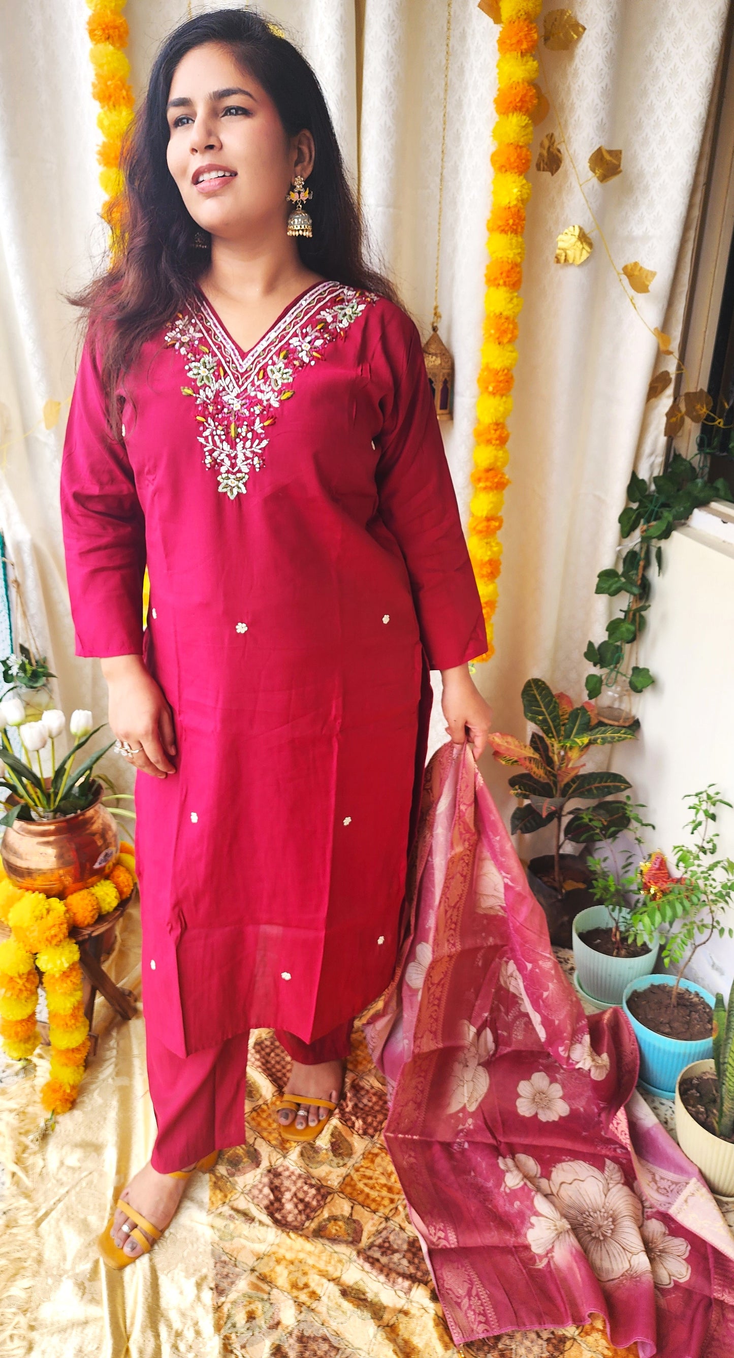 Maroon Heavy Silk Suit with Moti & Zardozi Work | Banarasi Organza Dupatta