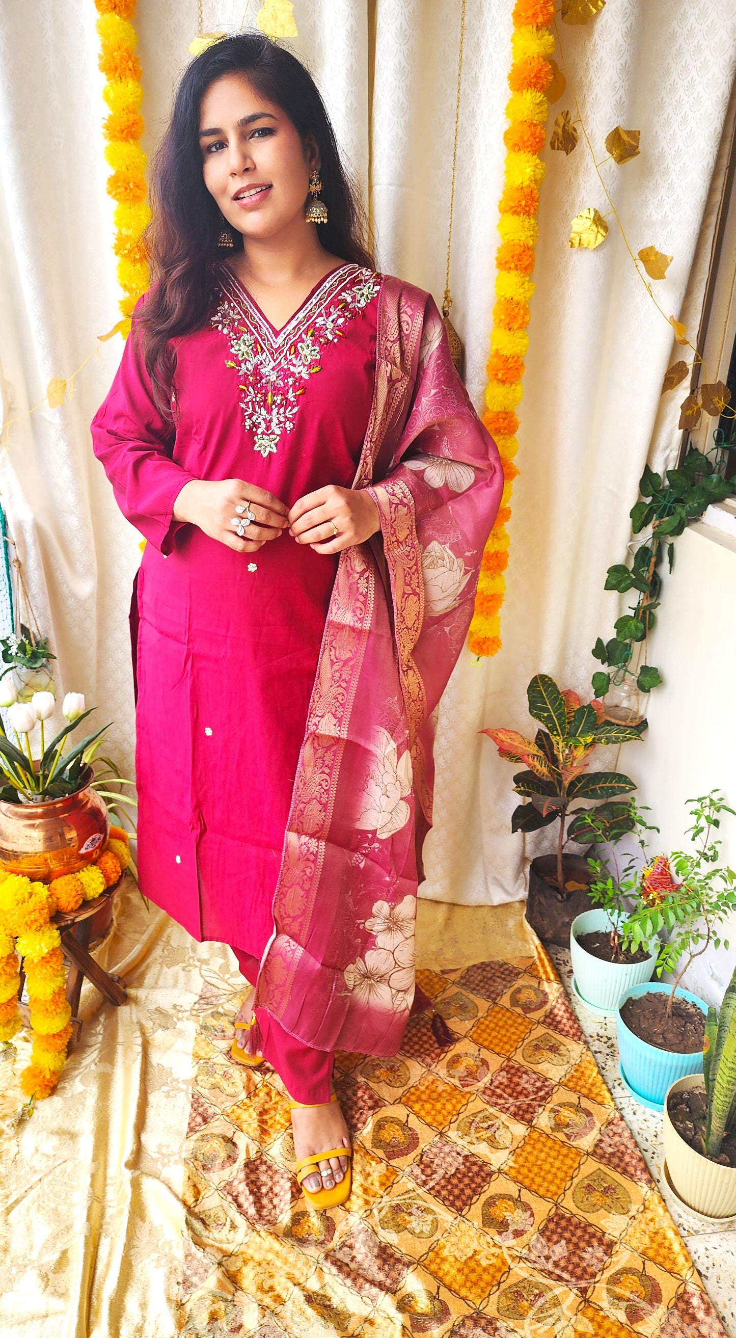 Maroon Heavy Silk Suit with Moti & Zardozi Work | Banarasi Organza Dupatta