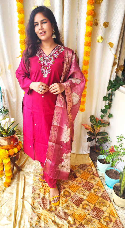 Maroon Heavy Silk Suit with Moti & Zardozi Work | Banarasi Organza Dupatta