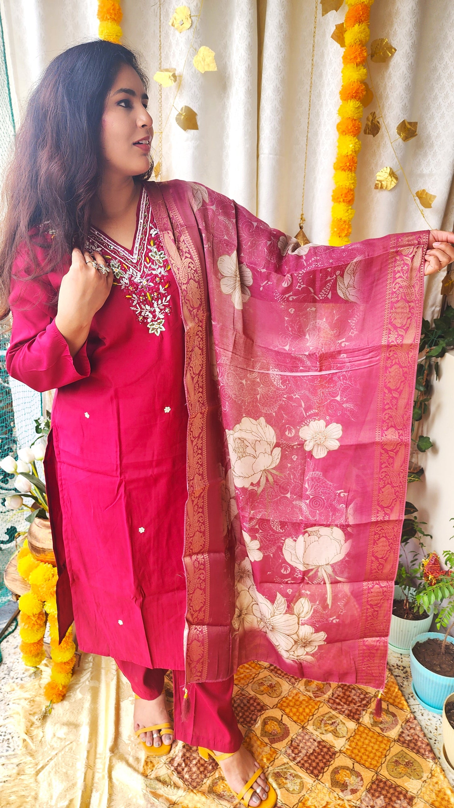 Maroon Heavy Silk Suit with Moti & Zardozi Work | Banarasi Organza Dupatta