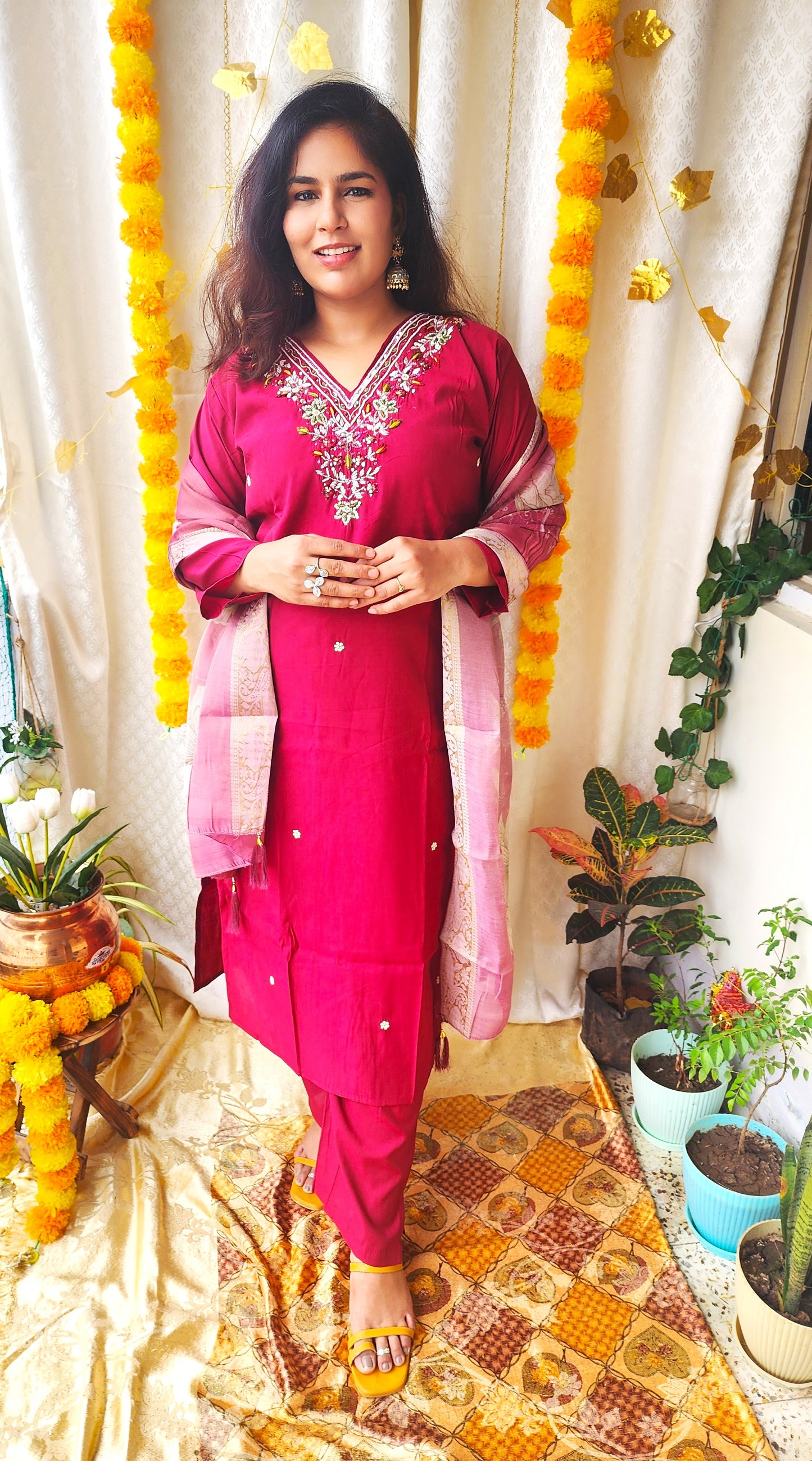 Maroon Heavy Silk Suit with Moti & Zardozi Work | Banarasi Organza Dupatta