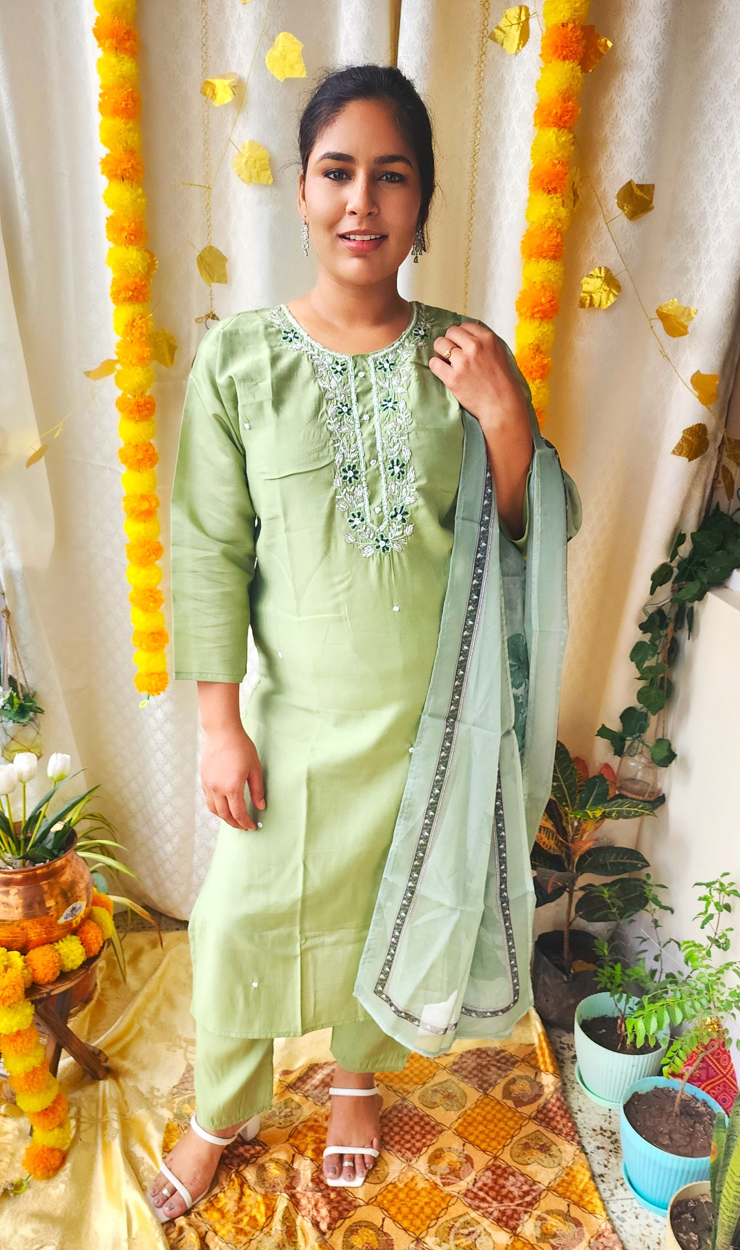 Pista Green Dola Silk pearl Handwork Straight Suit Set