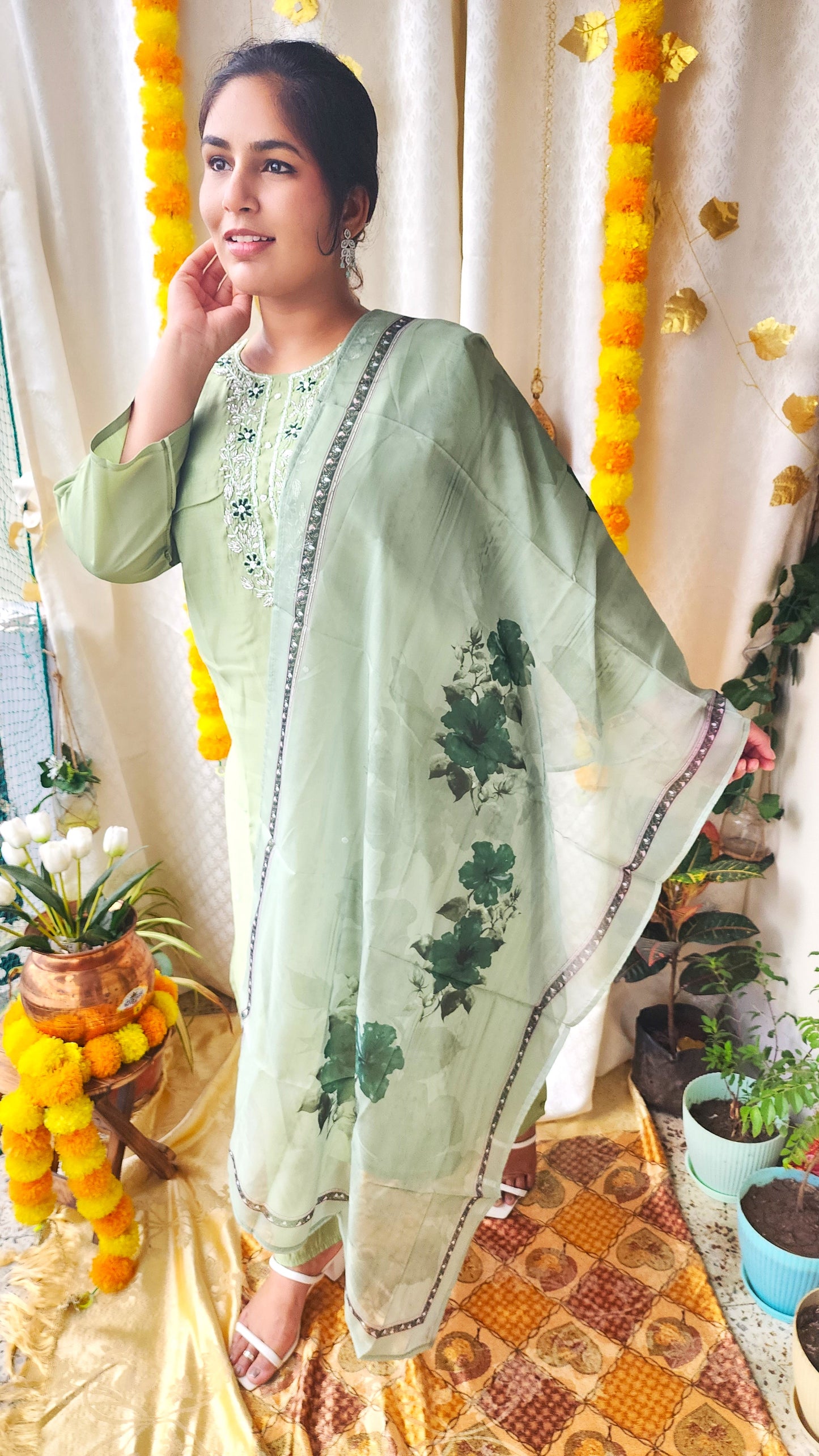 Pista Green Dola Silk pearl Handwork Straight Suit Set