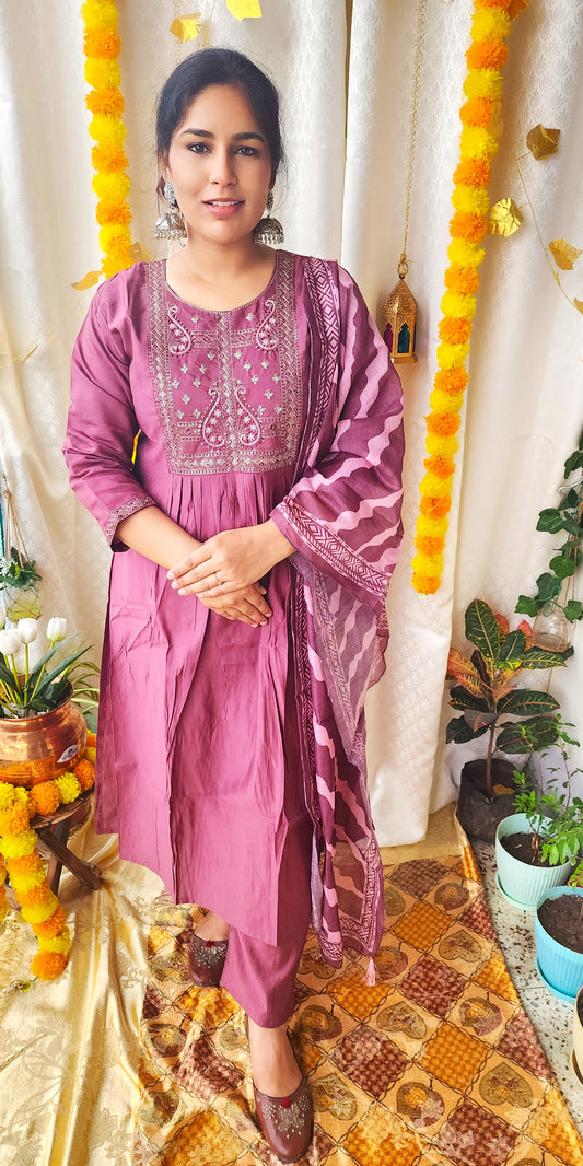 Deep Burgundy Russian Silk Suit with Zari Handwork