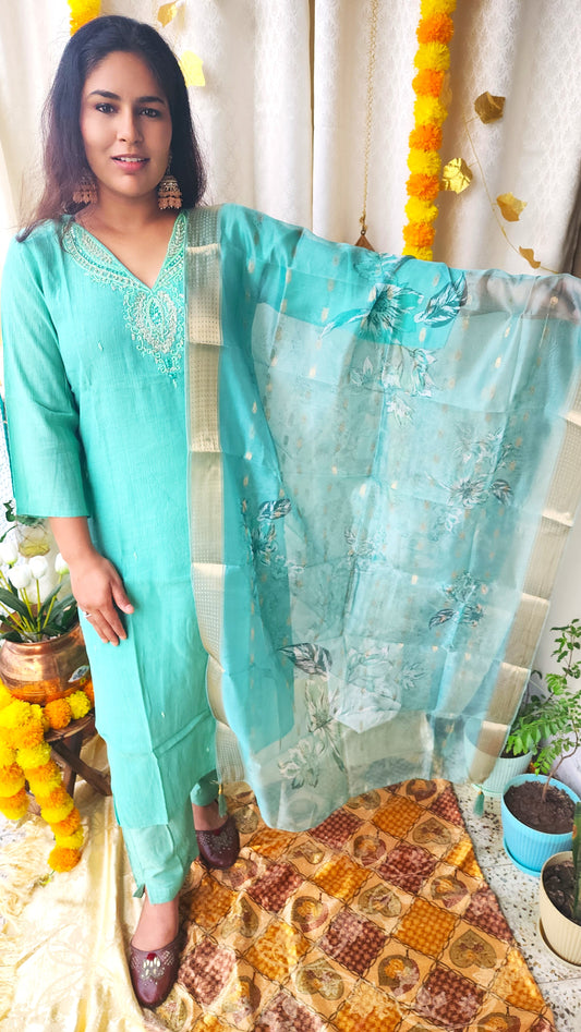 Luxurious Sea Green Shimmer Silk Suit | Zardozi Handwork & Banarasi Dupatta