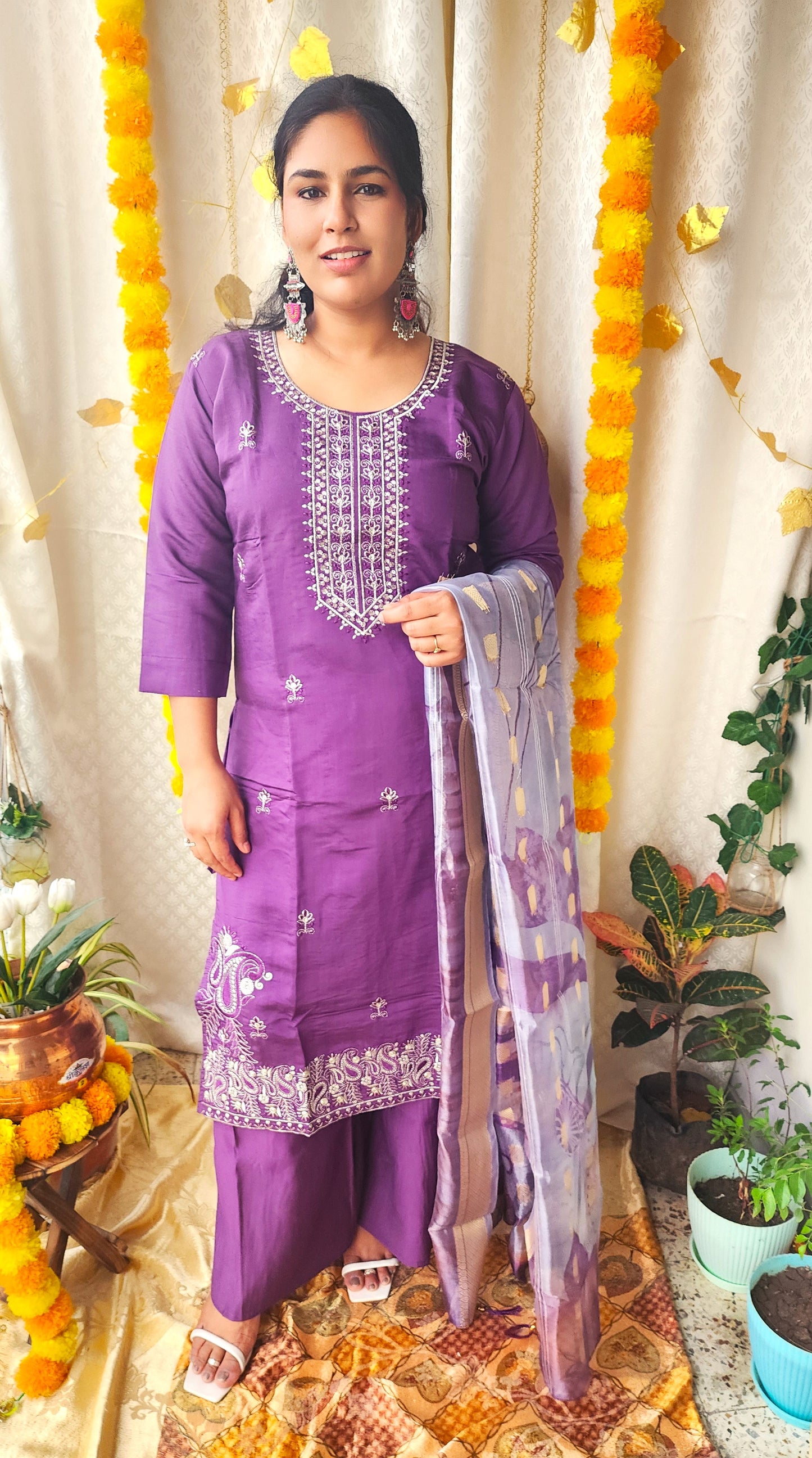 Purple Cotton Blend Silk Suit with Exquisite Zari Work | Aganya Threads