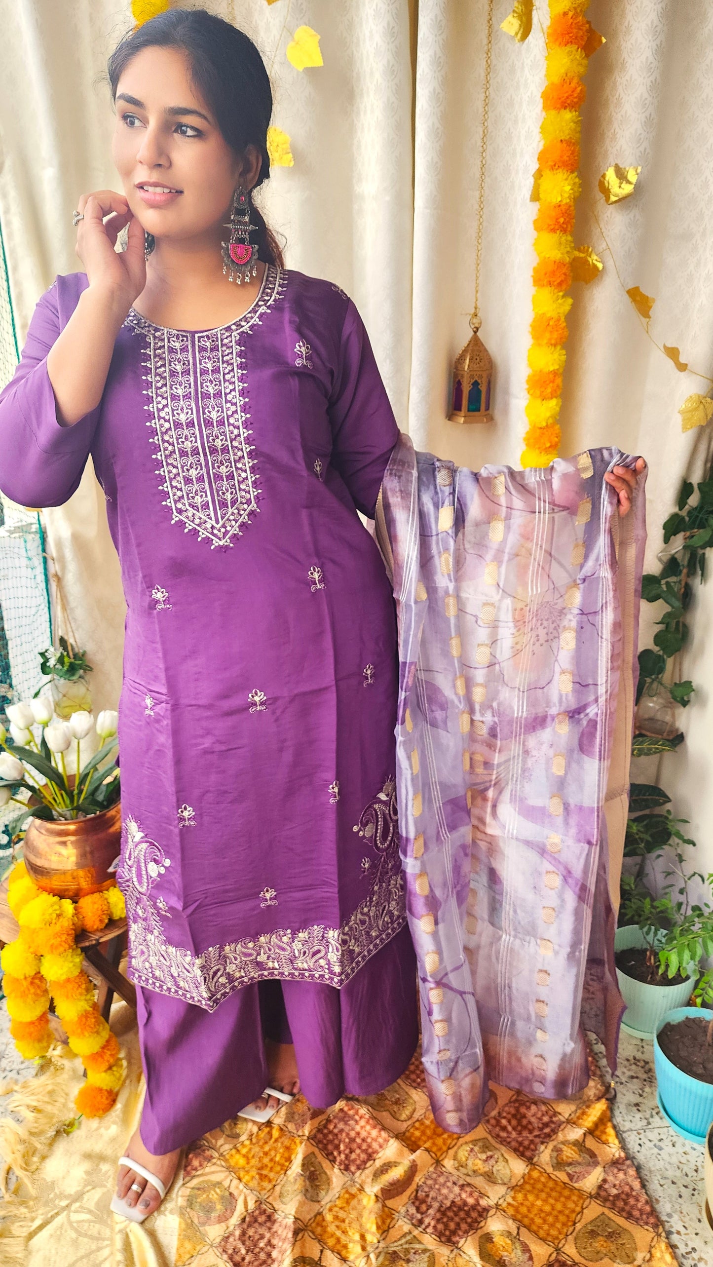 Purple Cotton Blend Silk Suit with Exquisite Zari Work | Aganya Threads