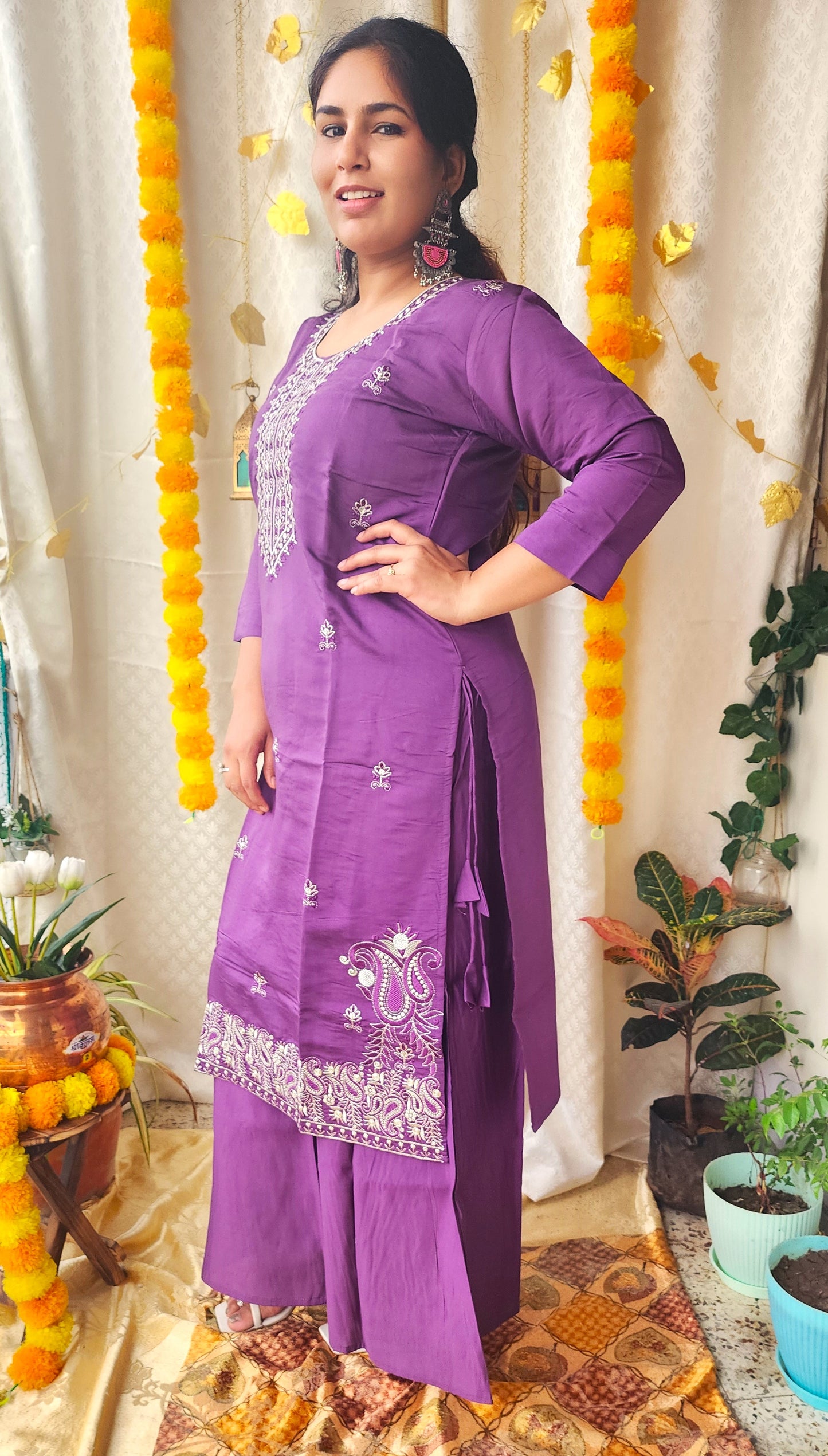 Purple Cotton Blend Silk Suit with Exquisite Zari Work | Aganya Threads