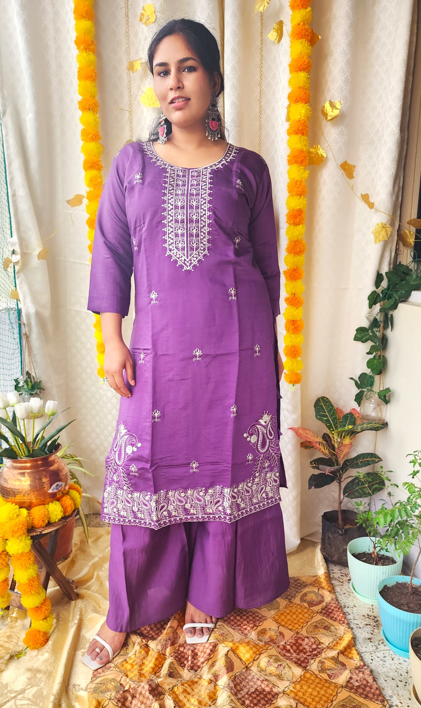 Purple Cotton Blend Silk Suit with Exquisite Zari Work | Aganya Threads