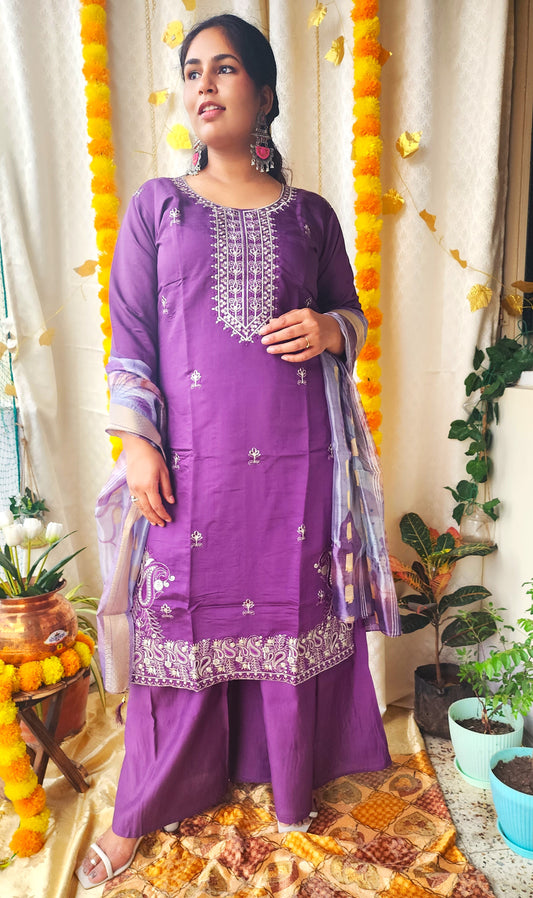 Purple Cotton Blend Silk Suit with Exquisite Zari Work | Aganya Threads