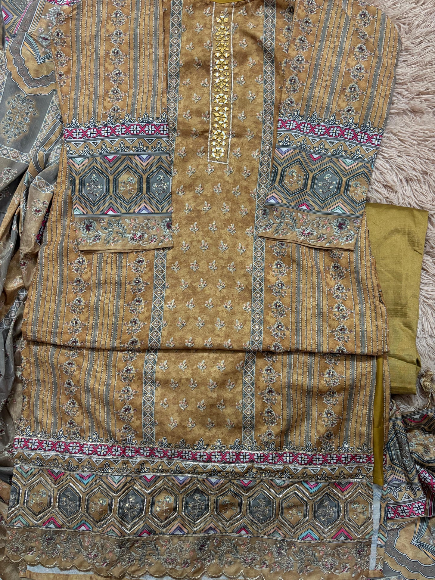 Olive Mustard Digital Print Muslin Silk Suit With Gota & Mirror Work