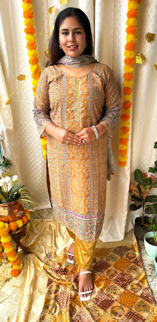 Olive Mustard Digital Print Muslin Silk Suit With Gota & Mirror Work