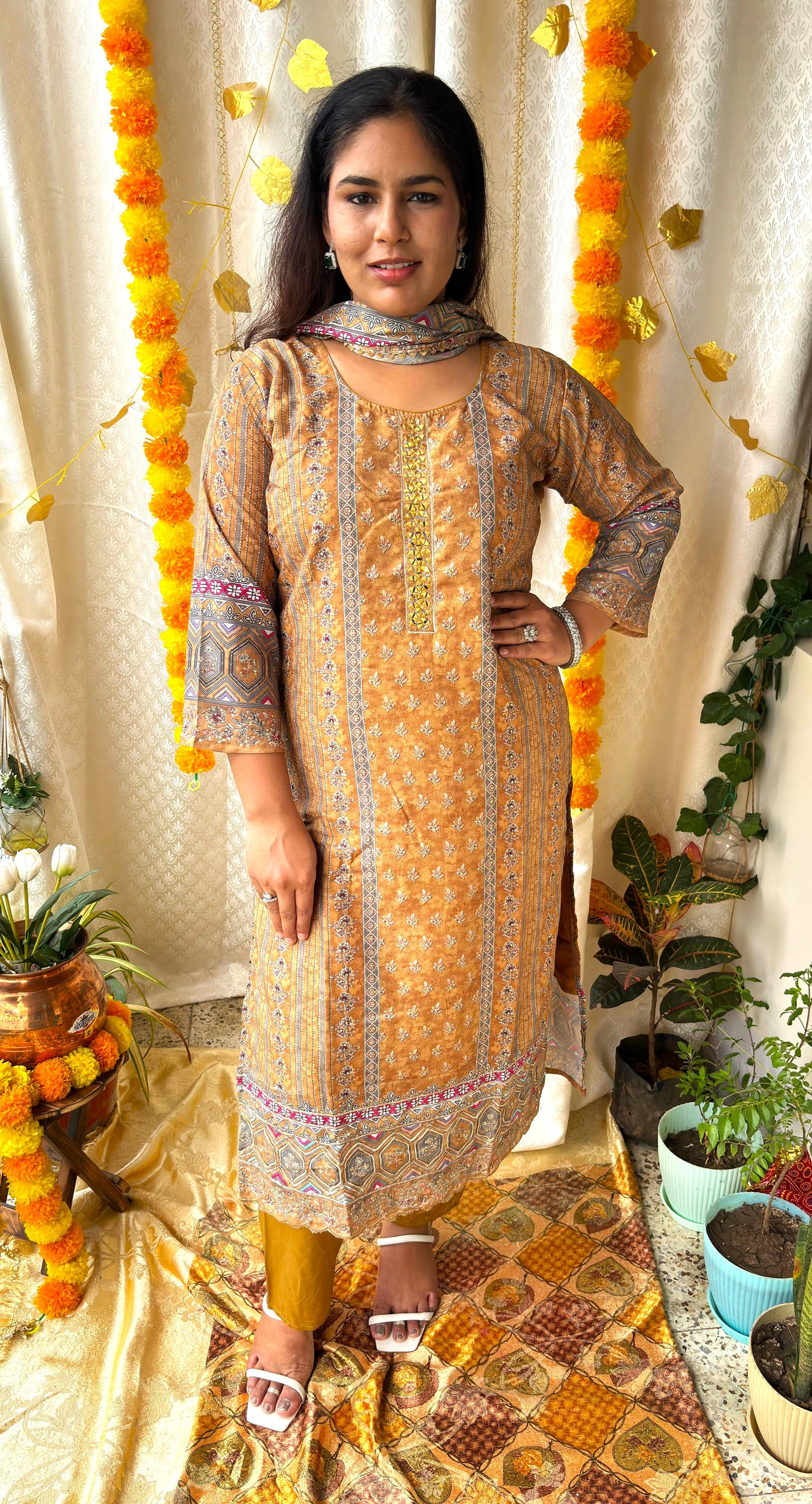 Olive Mustard Digital Print Muslin Silk Suit With Gota & Mirror Work