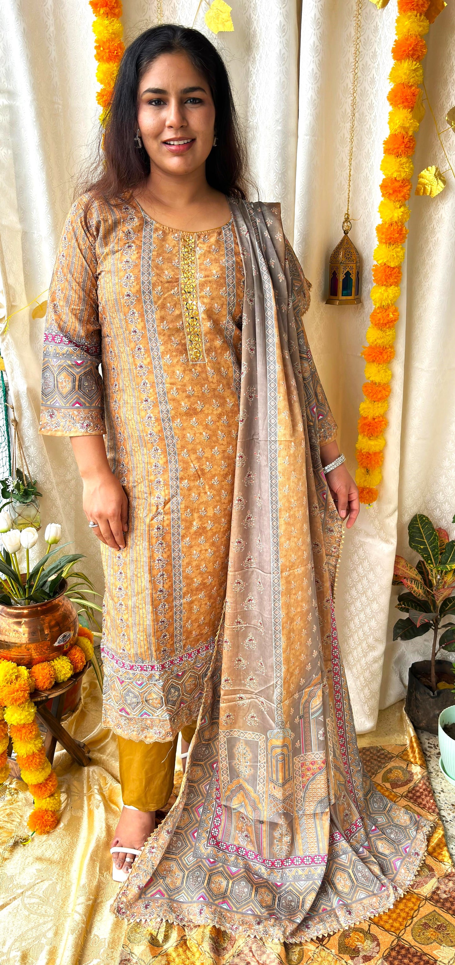 Olive Mustard Digital Print Muslin Silk Suit With Gota & Mirror Work