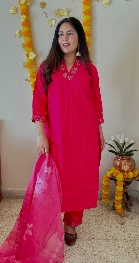 Pink Roman Silk Suit with Floral Print Dupatta