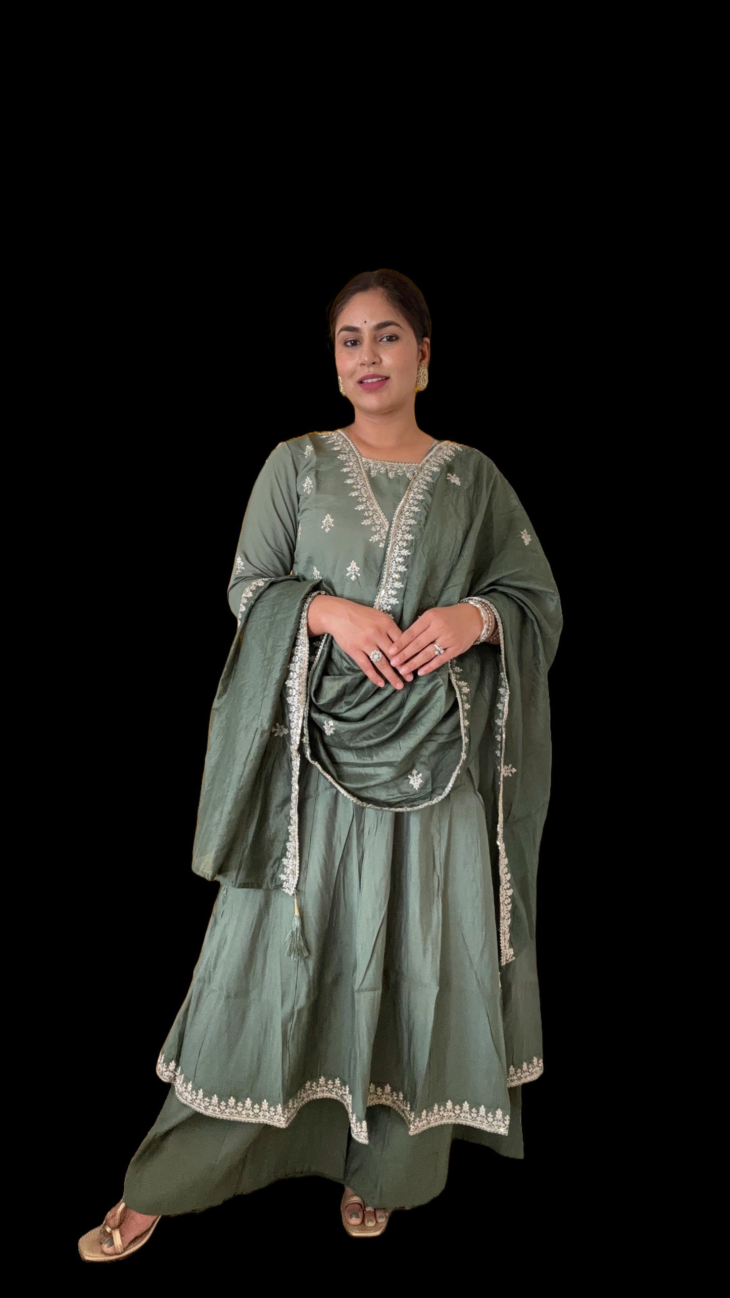 Olive Green Anarkali Hand Work Silk Suit with Heavy Dupatta and Plazzo