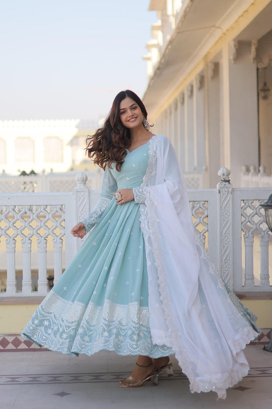 Sky Blue Anarkali Gown with Off White Dupatta