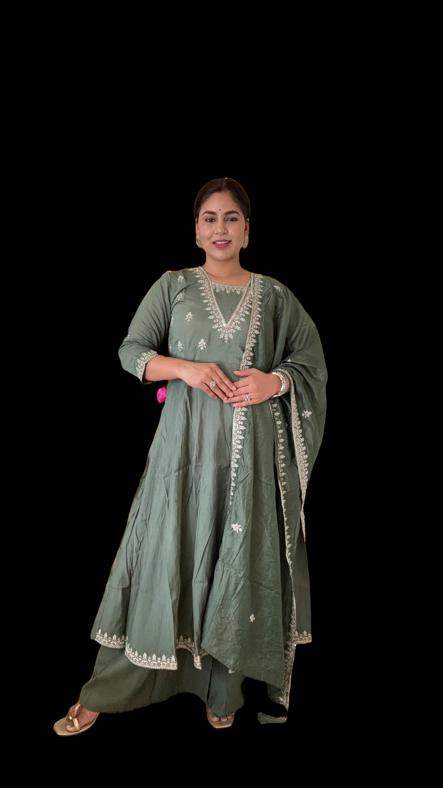 Olive Green Anarkali Hand Work Silk Suit with Heavy Dupatta and Plazzo