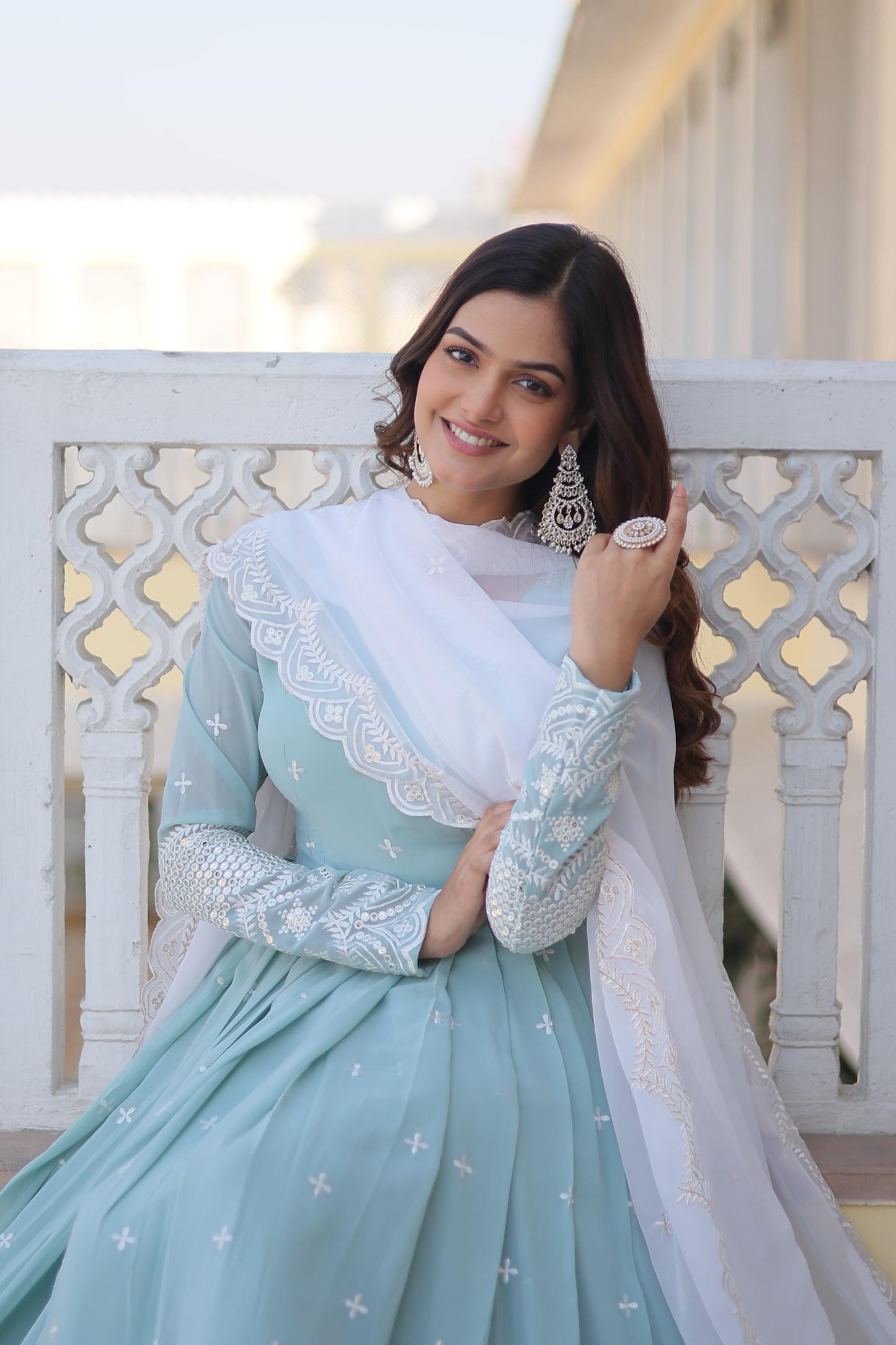 Sky Blue Anarkali Gown with Off White Dupatta