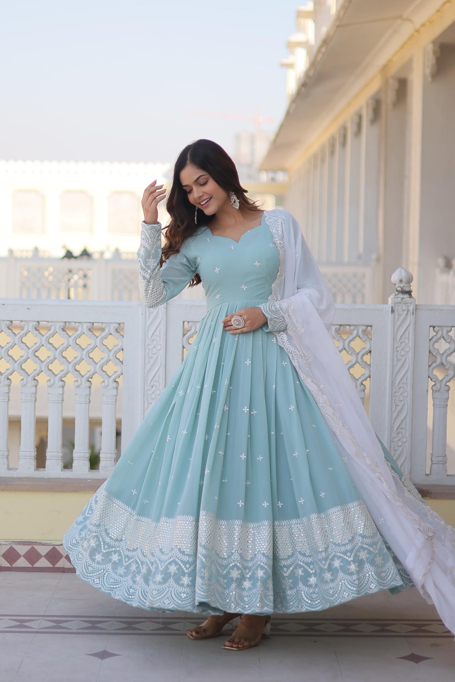 Sky Blue Anarkali Gown with Off White Dupatta