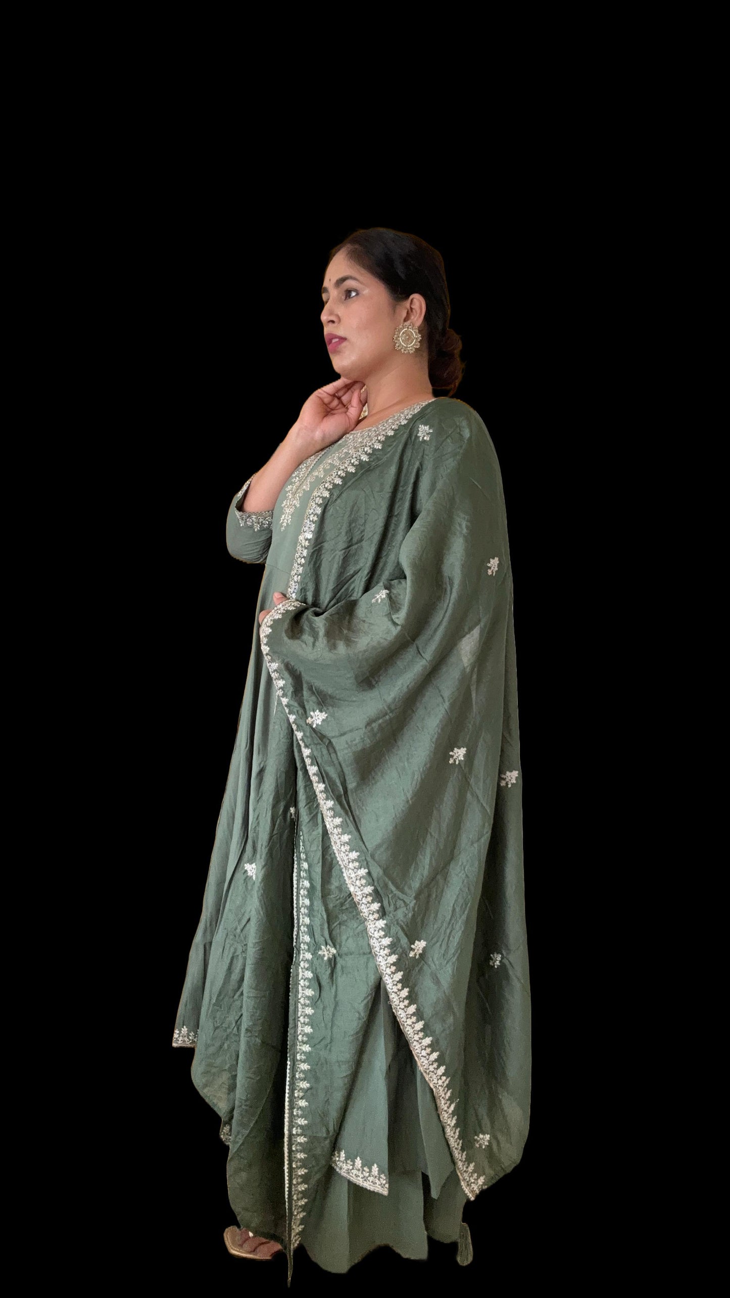 Olive Green Anarkali Hand Work Silk Suit with Heavy Dupatta and Plazzo