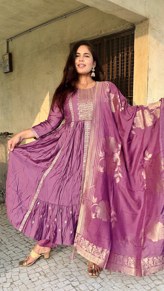 Lavender Amrapali Lilac Silk Anarkali Suit With Heavy Banarasi silk Dupatta