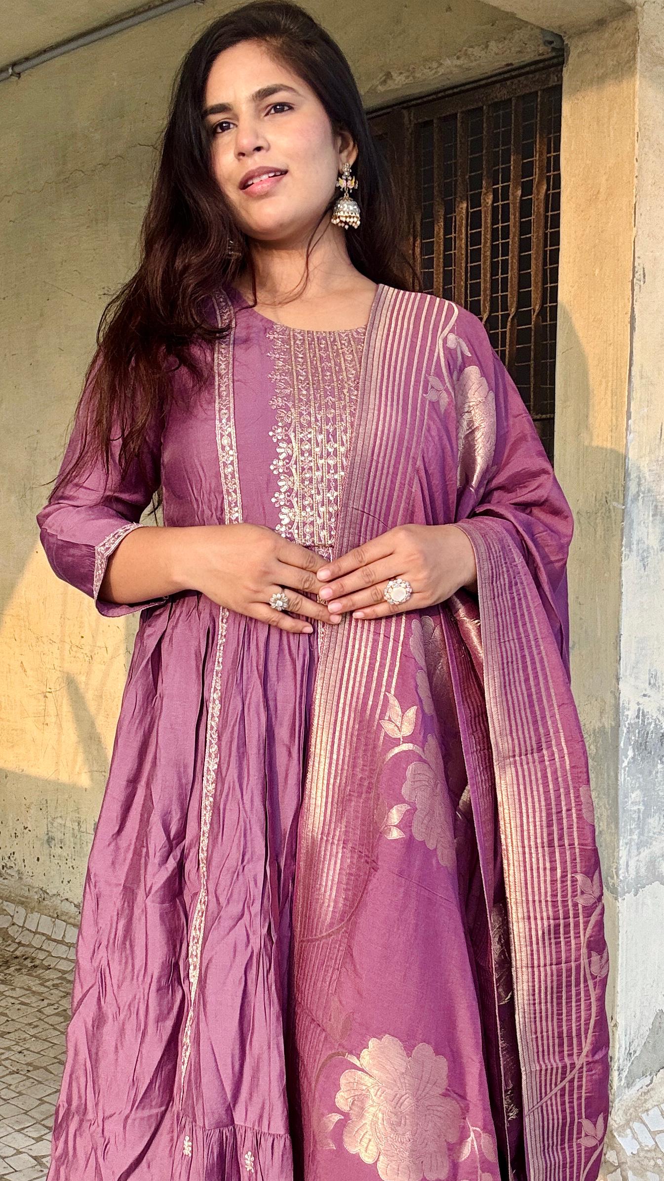 Lavender Amrapali Lilac Silk Anarkali Suit With Heavy Banarasi silk Dupatta