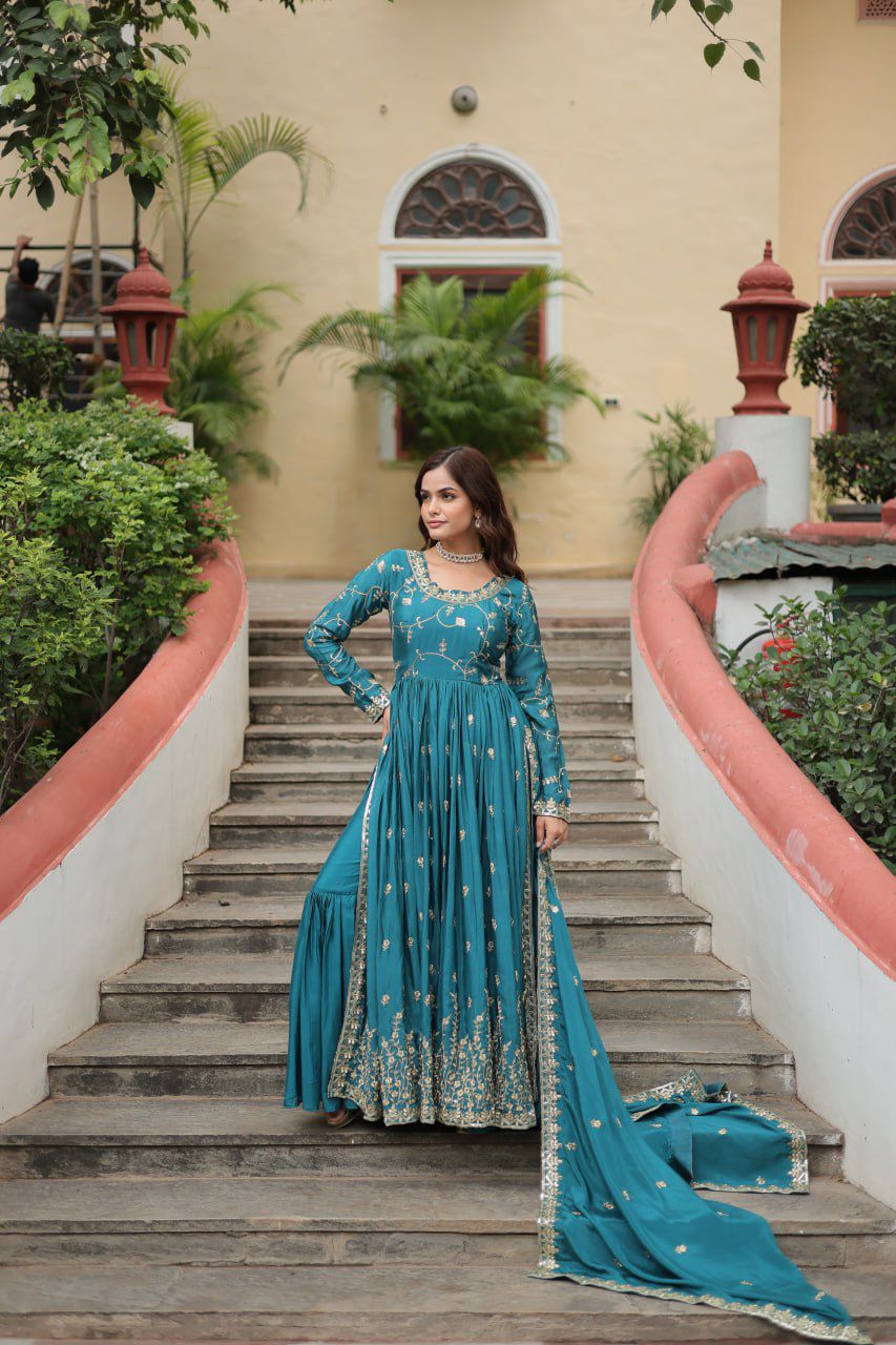 Latest Designer Chinon Sequin Embroidery Work Kurta Sharara With Dupatta