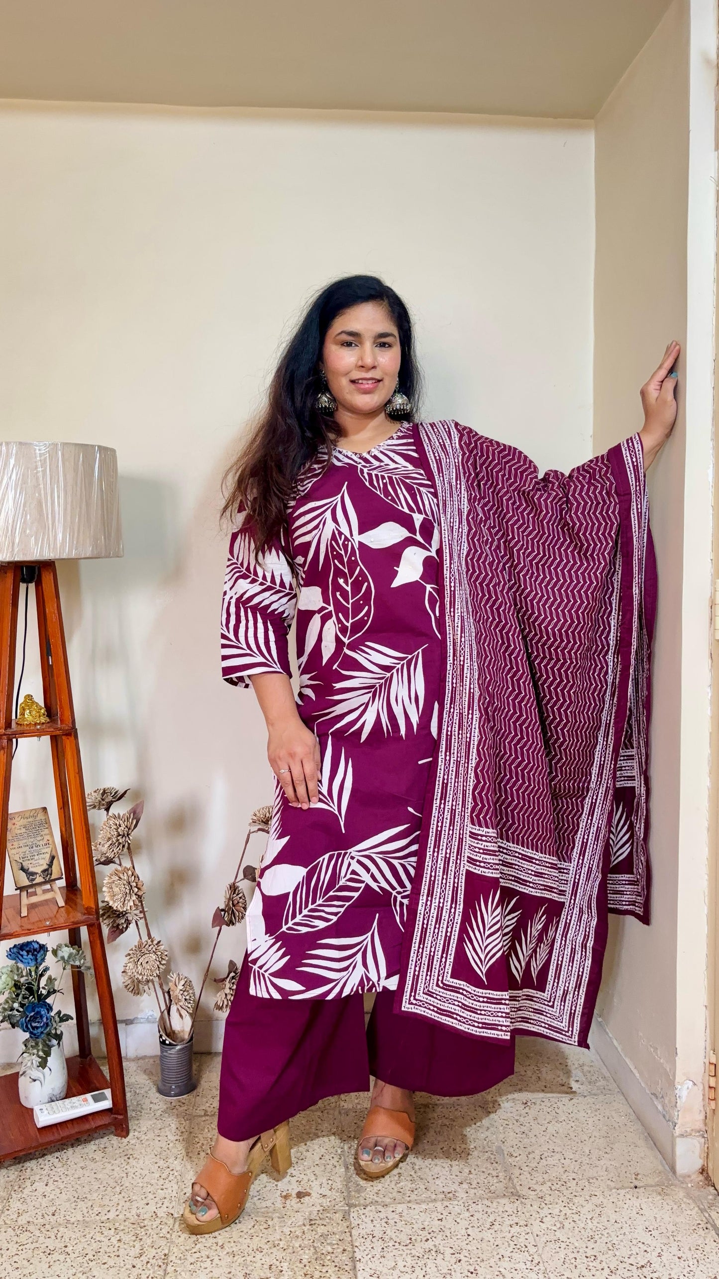 Wine Cotton Palazzo Suit Set with Handblock Dupatta
