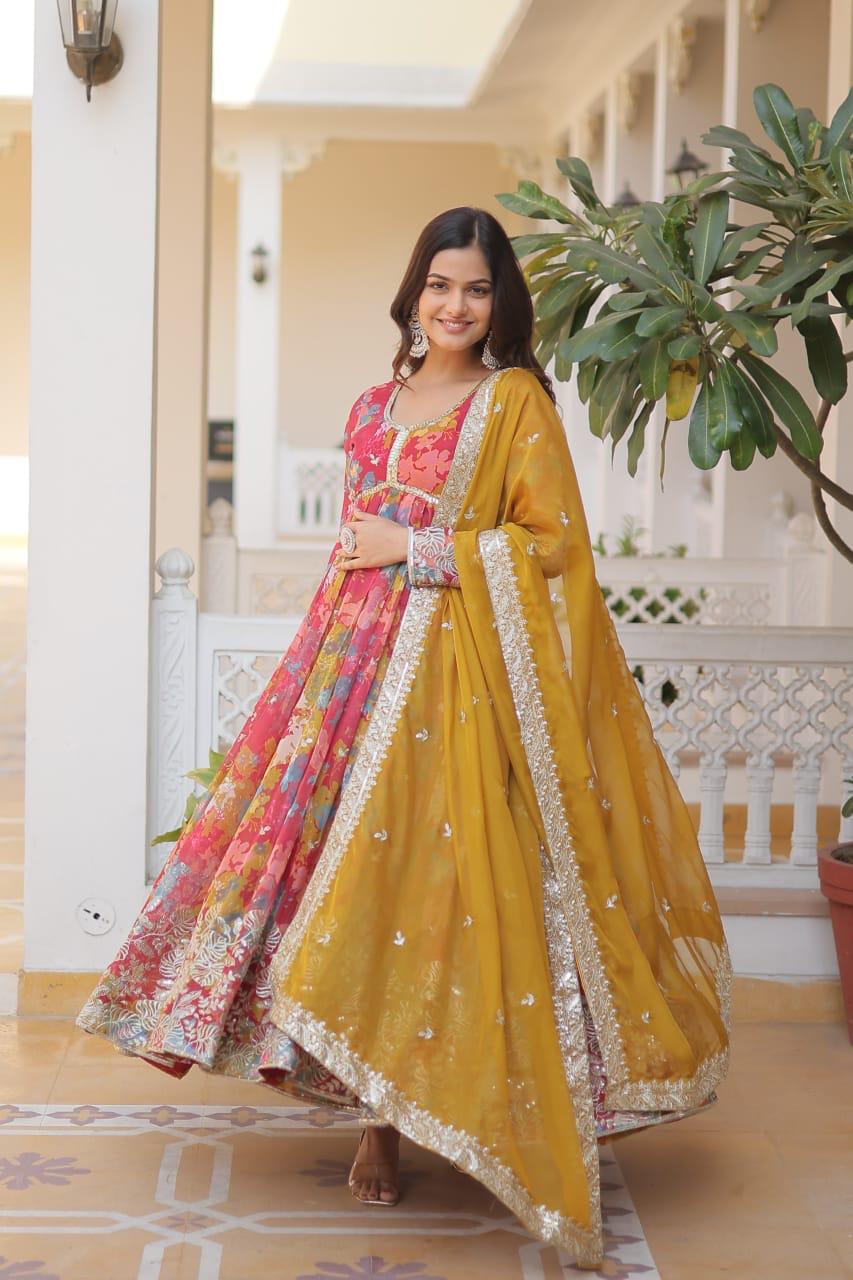 Premium Ready-Made Alia Cut Gown Set Online with digital prints and embroidery