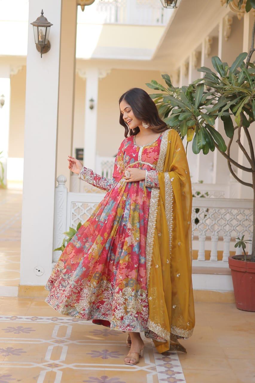 Premium Ready-Made Alia Cut Gown Set Online with digital prints and embroidery