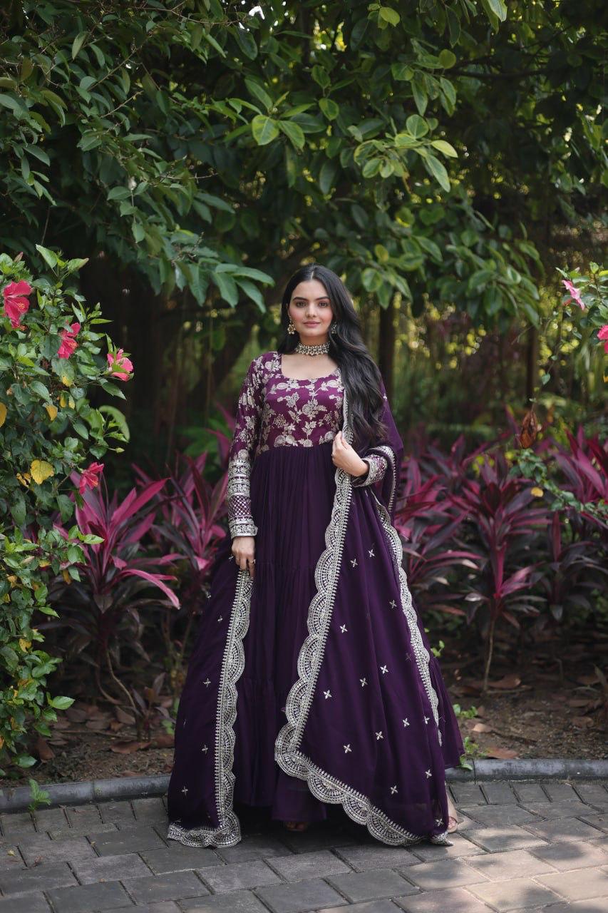 Faux Blooming gown with Viscose Dyable Jacquard With Sequins Embroidered Work Faux Blooming Dupatta