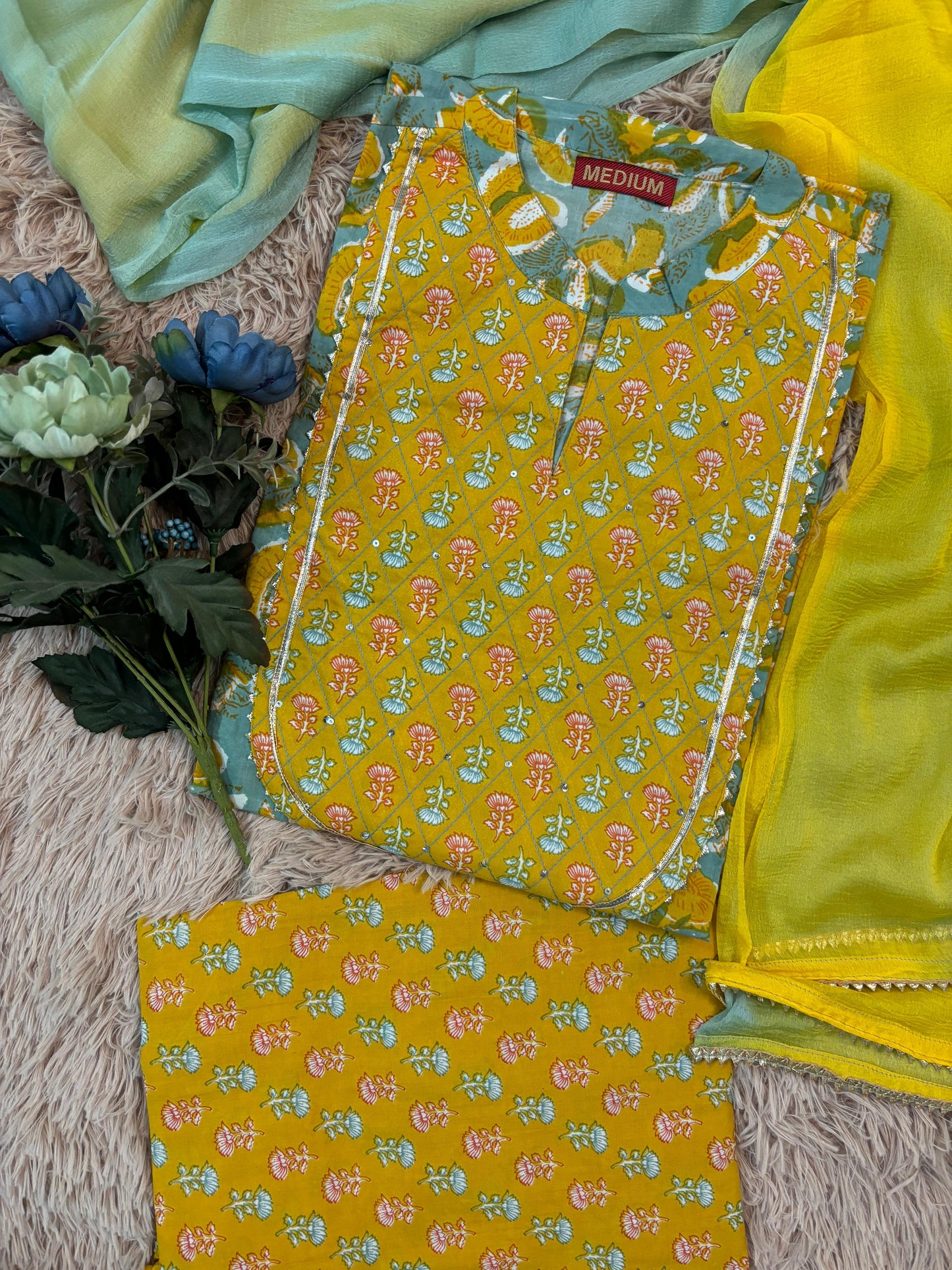 Mustard Yellow Handblock Print Kurta Set