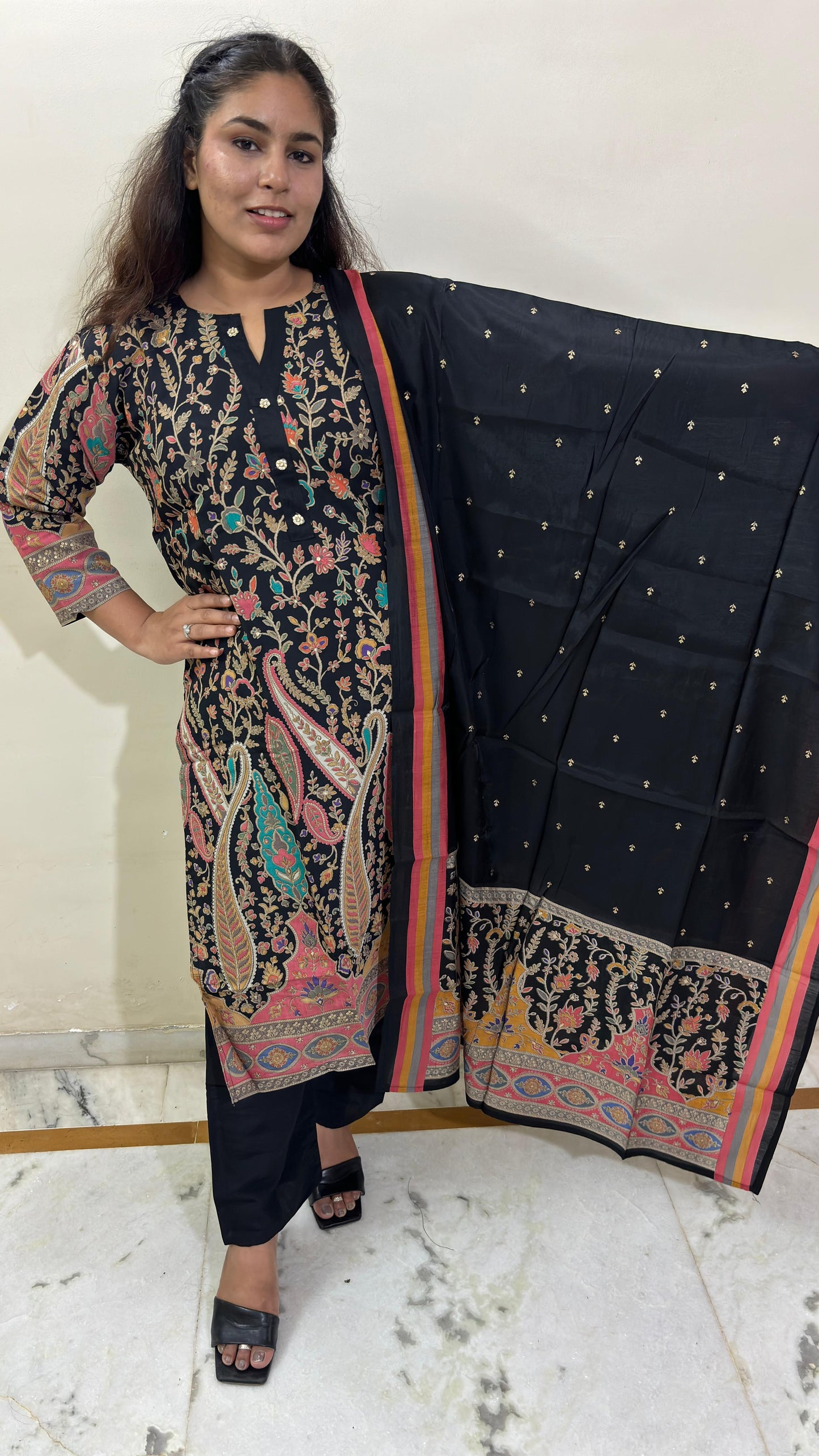 Black Shimmer Muslin Suit Set with Intricate Motif Print