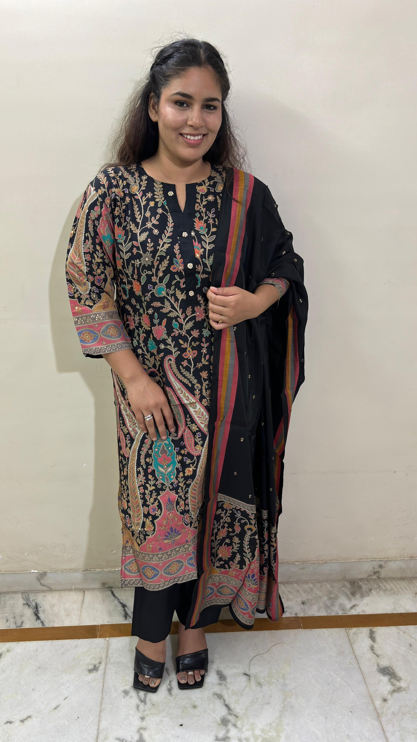 Black Shimmer Muslin Suit Set with Intricate Motif Print